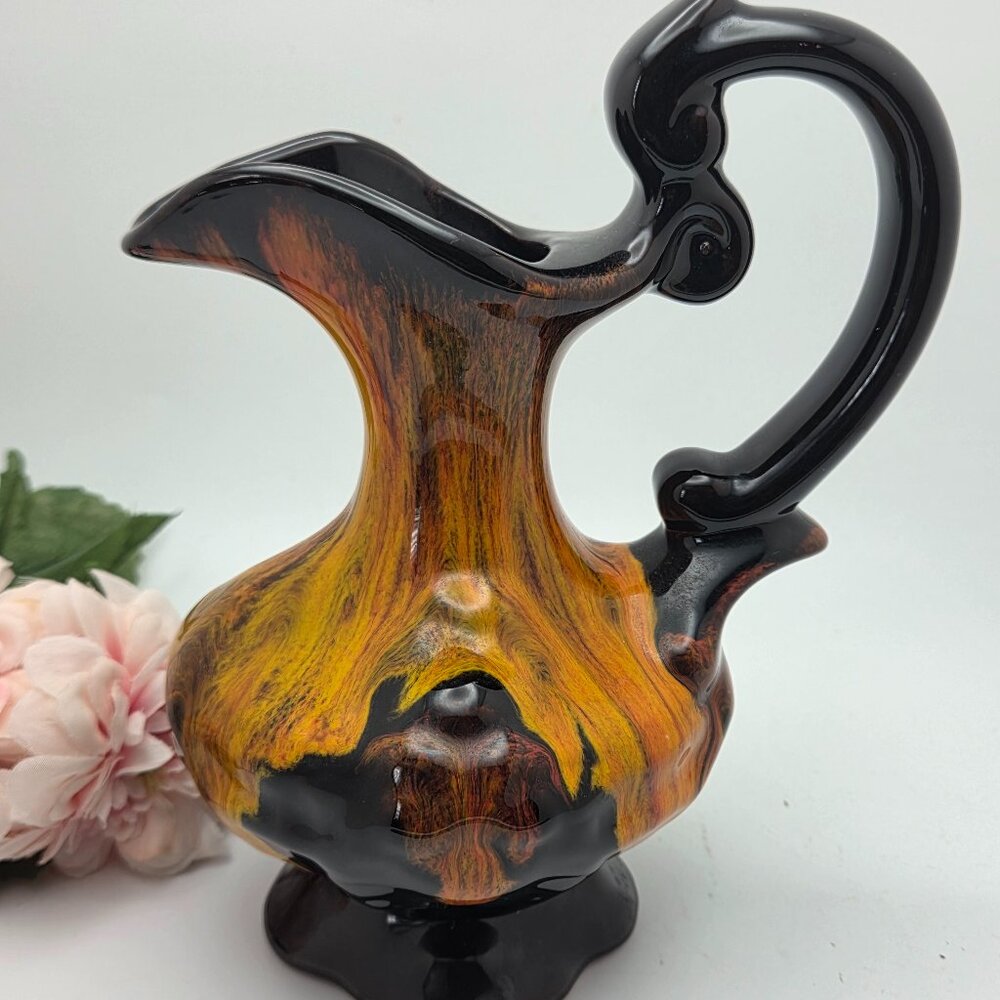 VTG Canadian Pottery Evangeline Pitcher Jug Drip Glaze Orange Brown Black MCM